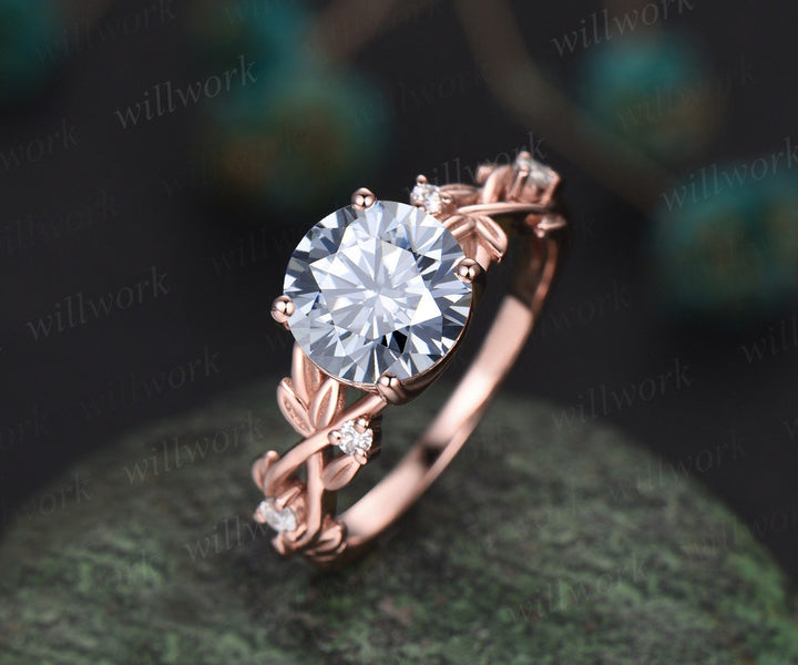 2ct Twig round gray moissanite engagement ring set 14k rose gold five stone leaf branch Nature inspired diamond bridal ring set for women