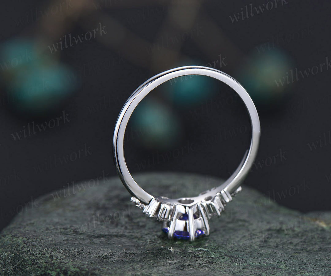Round natural blue tanzanite ring vintage unique engagement ring 14k white gold 6 prong snowdrift diamond anniversary wedding ring for women
