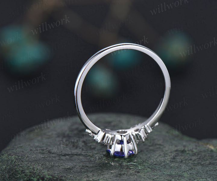 Round natural blue tanzanite ring vintage unique engagement ring 14k white gold 6 prong snowdrift diamond anniversary wedding ring for women
