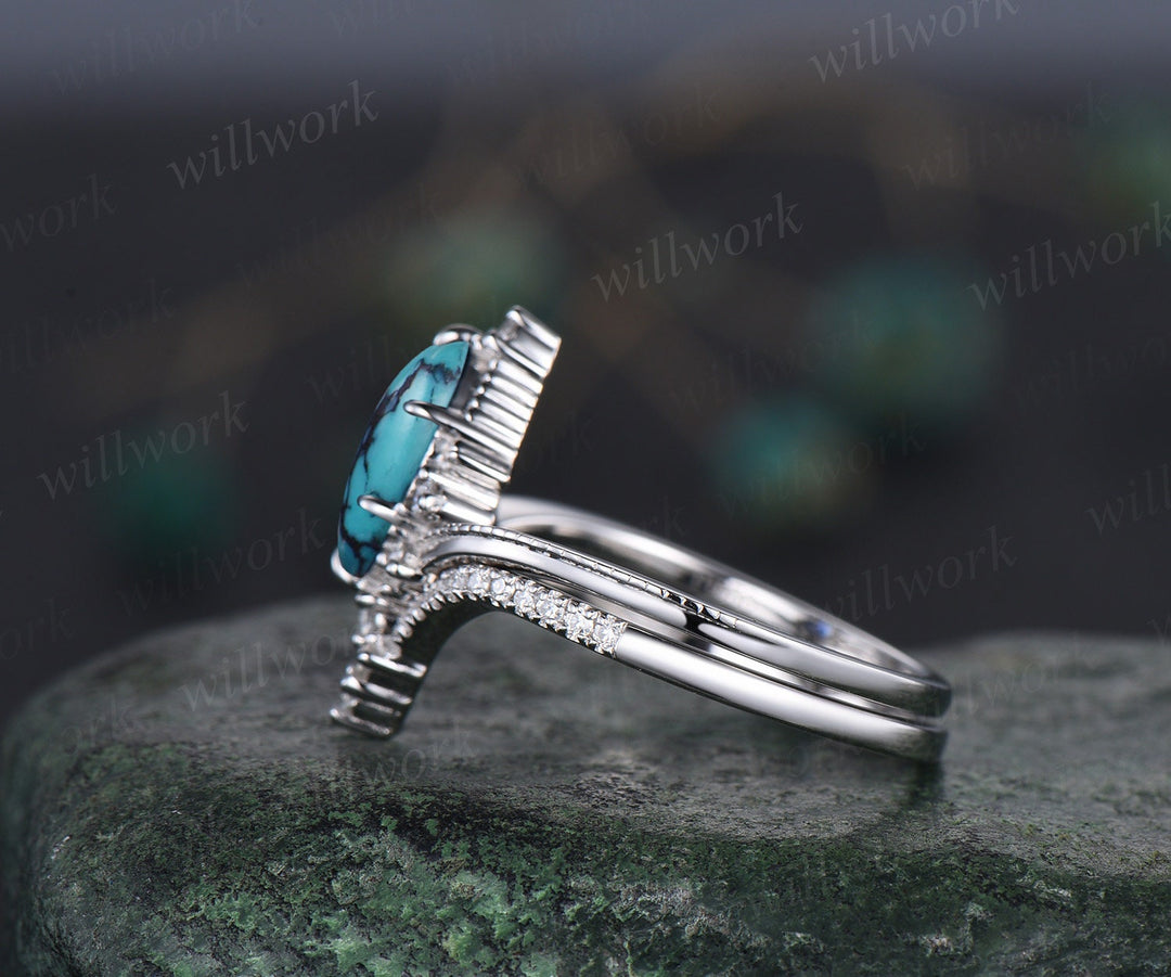 Marquise Turquoise ring Vintage white gold cluster diamond ring unique engagement ring stacking ring set 6 prong bridal set women jewelry
