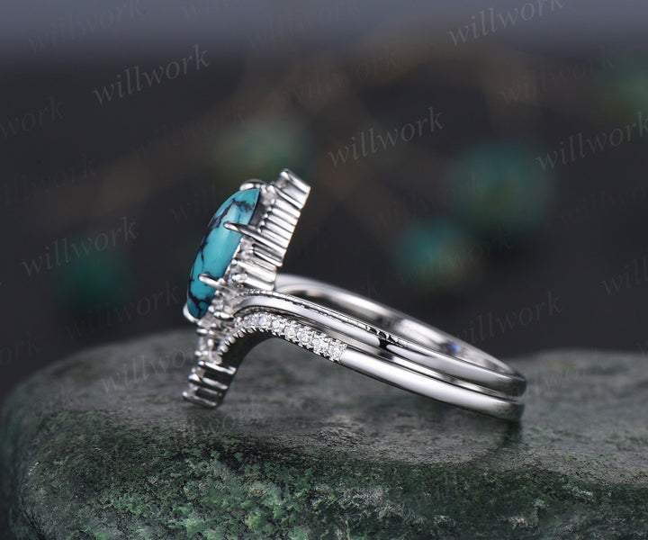 Marquise Turquoise ring Vintage white gold cluster diamond ring unique engagement ring stacking ring set 6 prong bridal set women jewelry