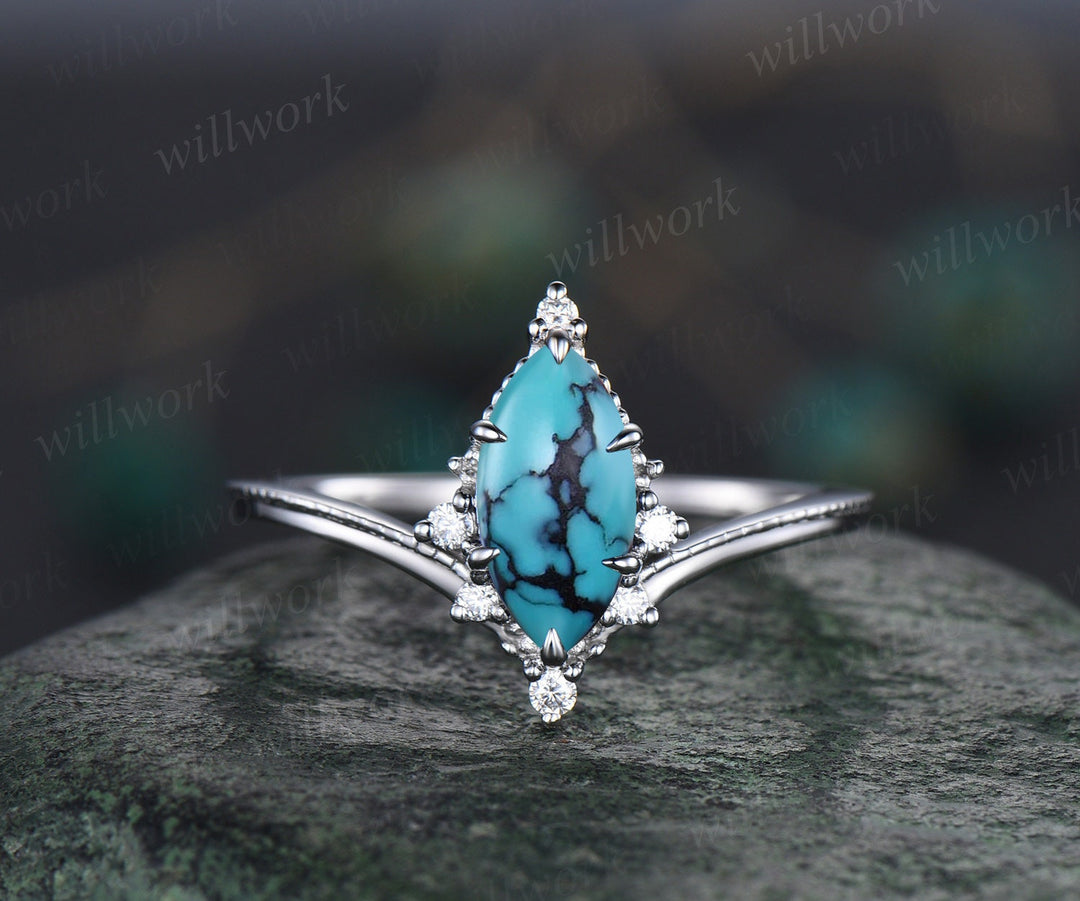 Marquise Turquoise ring Vintage white gold cluster diamond ring unique engagement ring stacking ring set 6 prong bridal set women jewelry