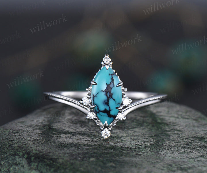 Marquise Turquoise ring Vintage white gold cluster diamond ring unique engagement ring stacking ring set 6 prong bridal set women jewelry