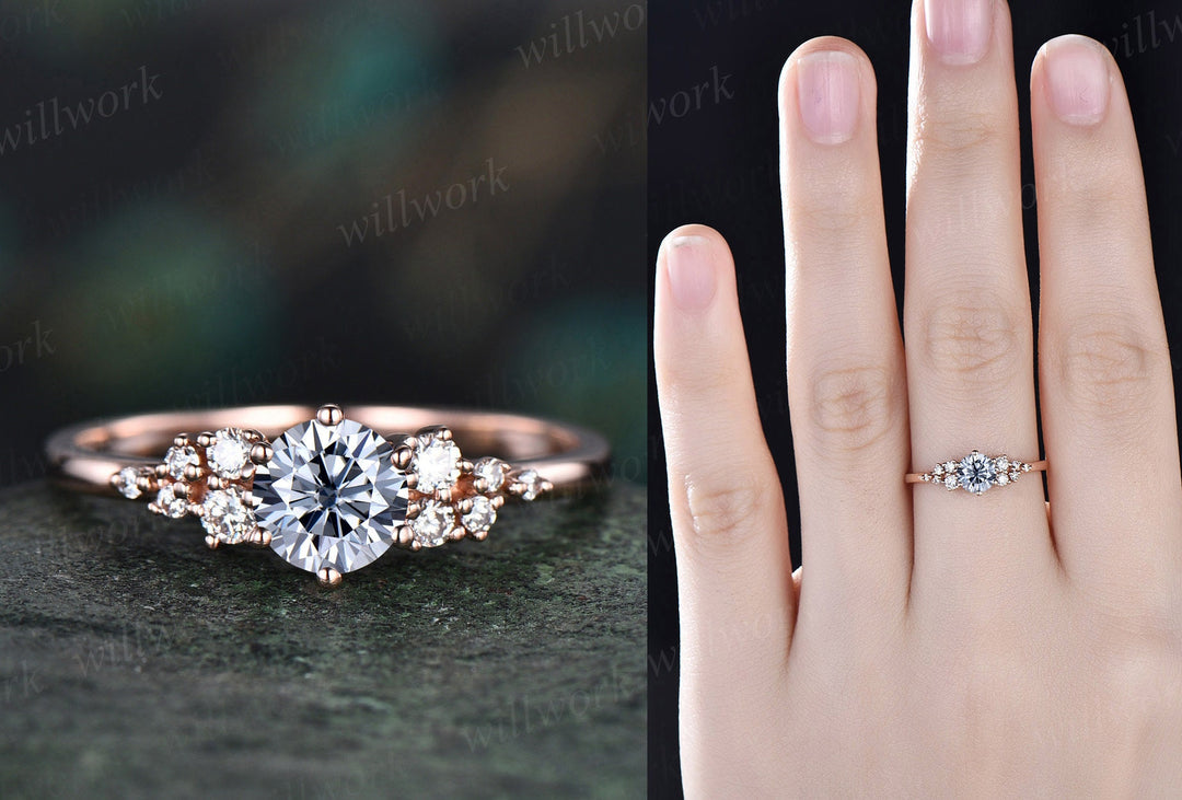 Vintage round gray moissanite engagement ring white gold unique snowdrift 6 prong engagement ring dainty diamond wedding ring for women gift