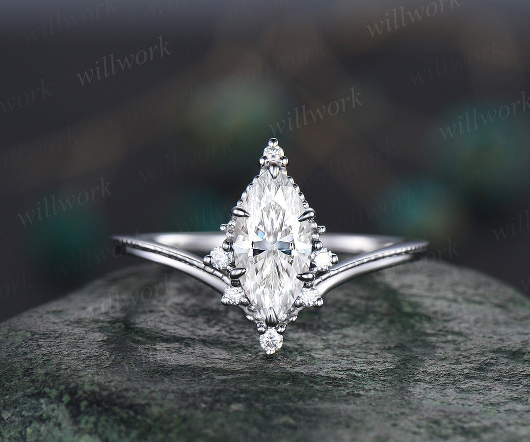 Vintage marquise cut moissanite engagement ring solid 14k white gold cluster diamond bridal wedding ring set women retro  claw 6 prong ring