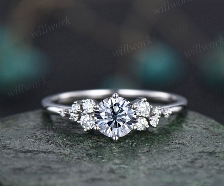 Vintage round gray moissanite engagement ring white gold unique snowdrift 6 prong engagement ring dainty diamond wedding ring for women gift