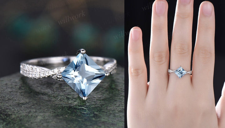 Vintage princess cut Aquamarine engagement ring solid 14k yellow gold twisted diamond ring natural sapphire bridal wedding ring set women