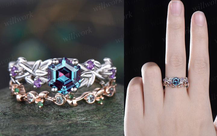 Unique emerald alexandrite wedding band leaf 14k rose gold stacking matching vintage dainty wedding ring band women anniversary ring gift