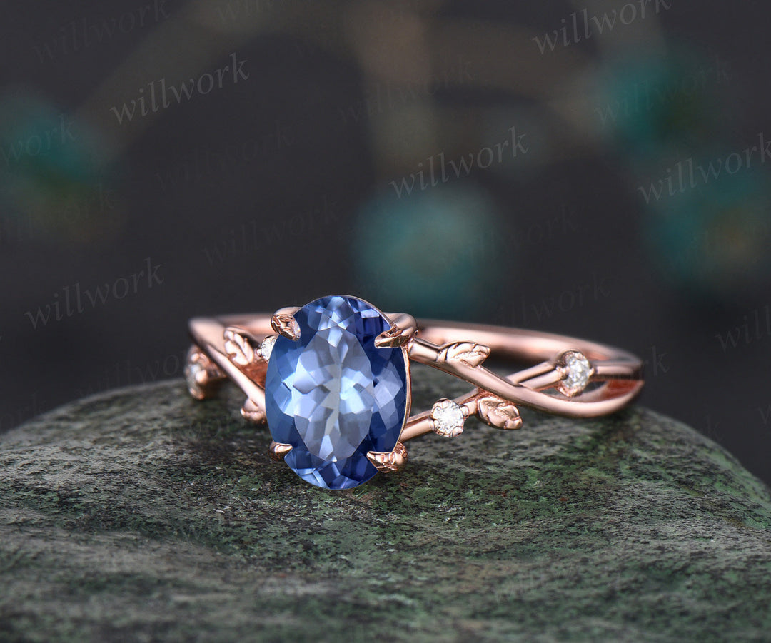 Vintage oval natural Tanzanite engagement ring art deco five stone leaf diamond ring 14k rose gold sapphire wedding ring band bridal set