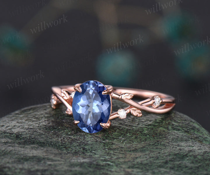 Vintage oval natural Tanzanite engagement ring art deco five stone leaf diamond ring 14k rose gold sapphire wedding ring band bridal set