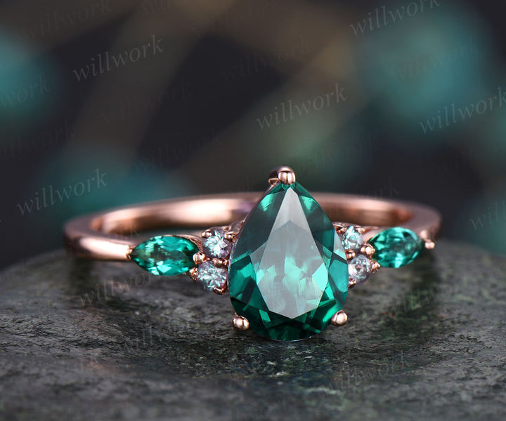Vintage pear shaped emerald engagement ring rose gold marquise alexandrite ring green gemstone ring art deco unique wedding ring set women