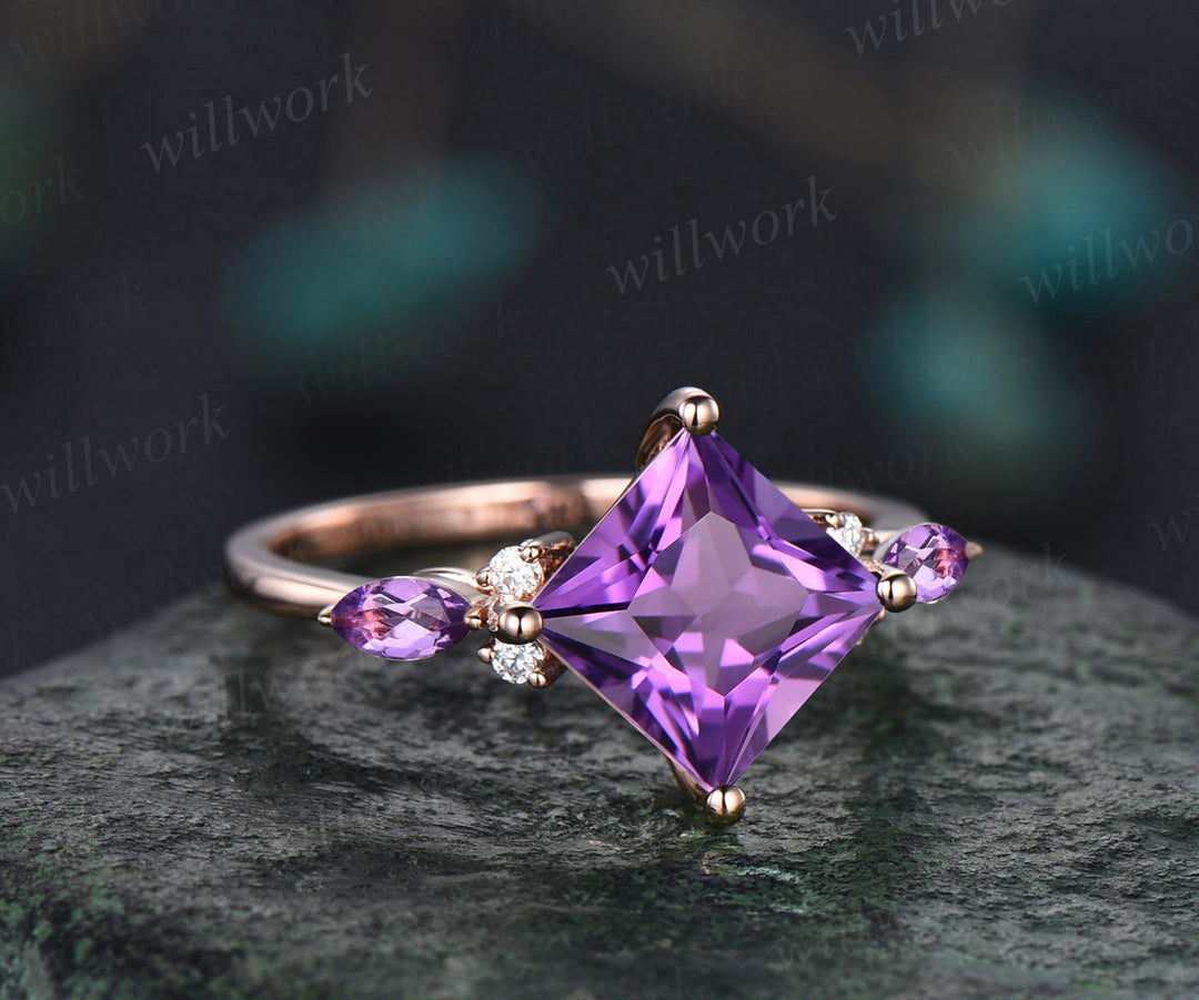 Vintage princess cut amethyst engagement ring rose gold art deco stacking moissanite wedding bridal ring set women purple gemstone gift