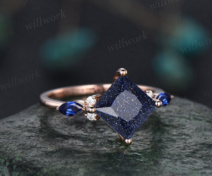 Vintage princess cut blue sandstone engagement ring 14k rose gold stacking sapphire moissanite wedding bridal ring set women anniversary gift