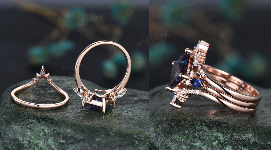 Vintage princess cut blue sandstone engagement ring 14k rose gold stacking sapphire moissanite wedding bridal ring set women anniversary gift