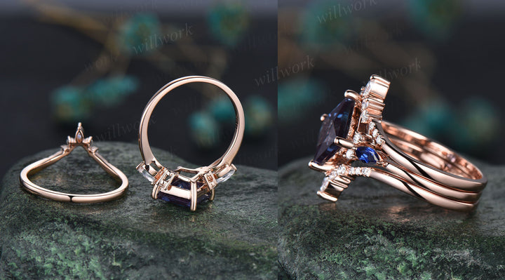 Vintage princess cut blue sandstone engagement ring 14k rose gold stacking sapphire moissanite wedding bridal ring set women anniversary gift