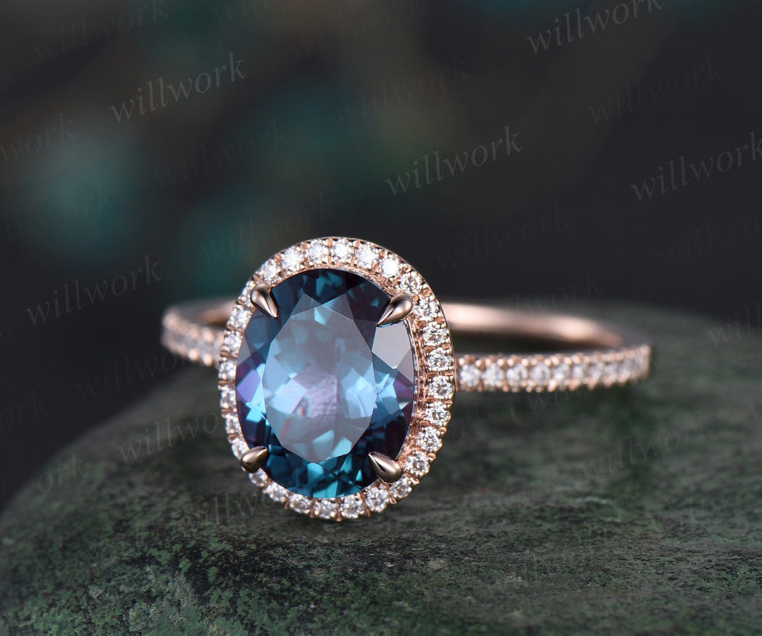 8x10mm oval Alexandrite engagement ring half eternity halo diamond ring women marquise Milgrain unique bridal wedding ring set fine jewelry
