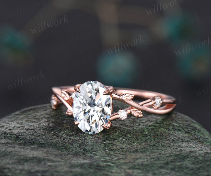Nature inspired oval cut IGI lab-grown diamond engagement ring set twisted leaf women five stone diamond-accented anniversary bridal wedding ring set