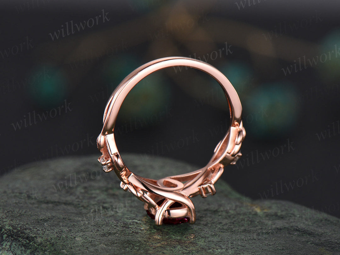 Vintage pear red garnet engagement ring set five stone leaf branch Nature inspired diamond bridal ring set women rose gold gemstone gift