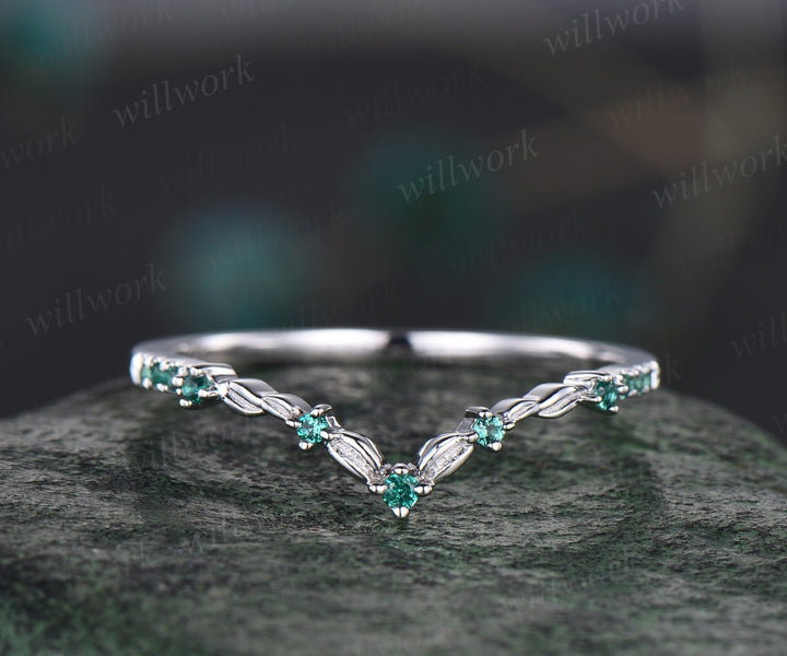 Vintage pear white opal engagement ring white gold Milgrain leaf three stone emerald wedding ring band women antique promise ring set