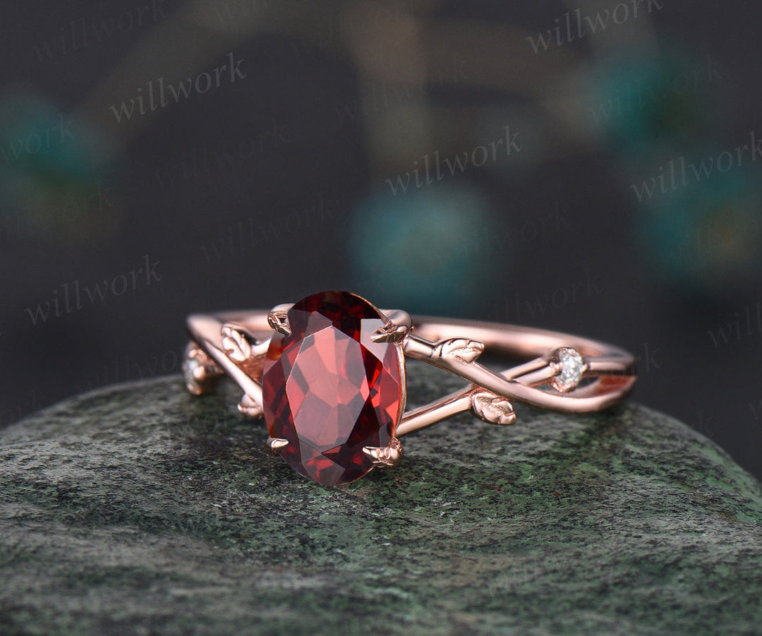 Vintage oval red garnet engagement ring nature inspired leaf three stone art deco diamond bridal wedding ring set women rose gold gemstone