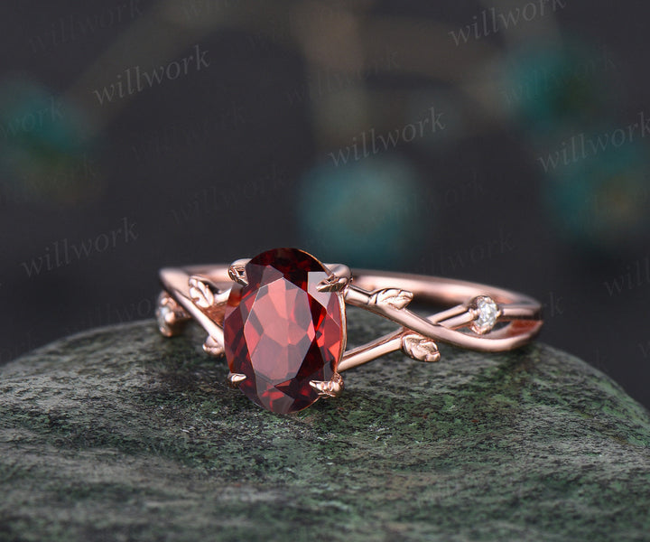Vintage oval red garnet engagement ring nature inspired leaf three stone art deco diamond bridal wedding ring set women rose gold gemstone