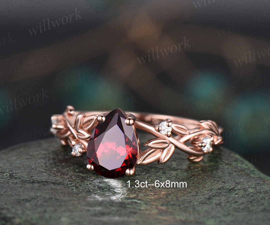 Vintage pear red garnet engagement ring set five stone leaf branch Nature inspired diamond bridal ring set women rose gold gemstone gift