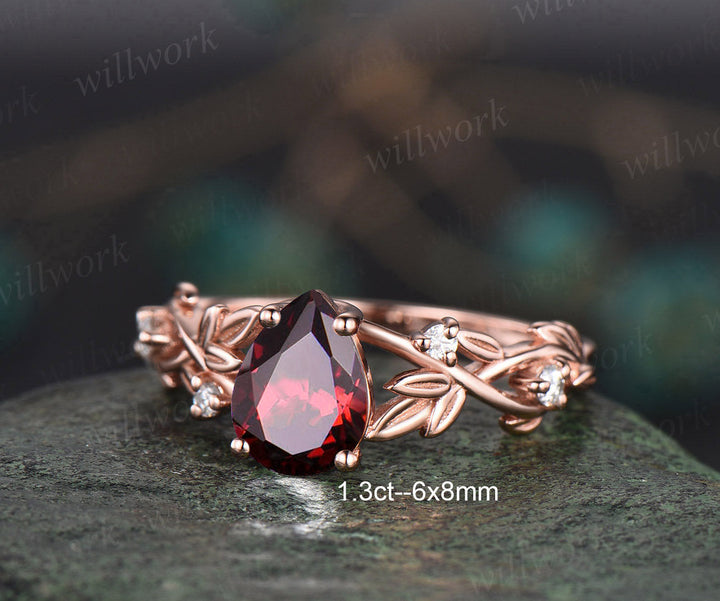 Vintage pear red garnet engagement ring set five stone leaf branch Nature inspired diamond bridal ring set women rose gold gemstone gift