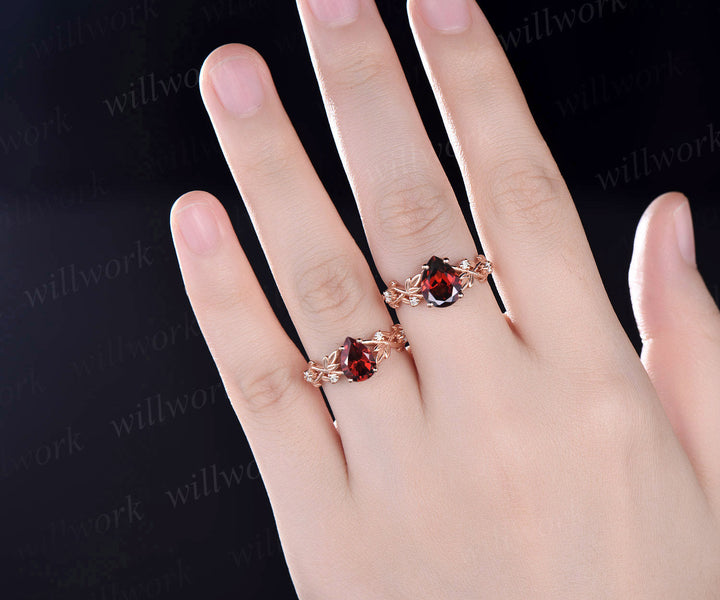 Vintage pear red garnet engagement ring set five stone leaf branch Nature inspired diamond bridal ring set women rose gold gemstone gift