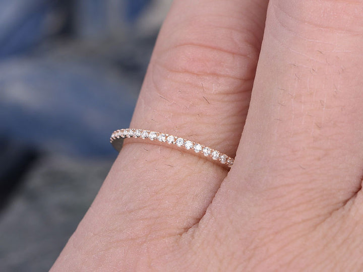 Diamond wedding ring-Solid 14k Rose gold-handmade diamond stacking ring-Full eternity band- 1mm thin Matching band-tiny round cut stones