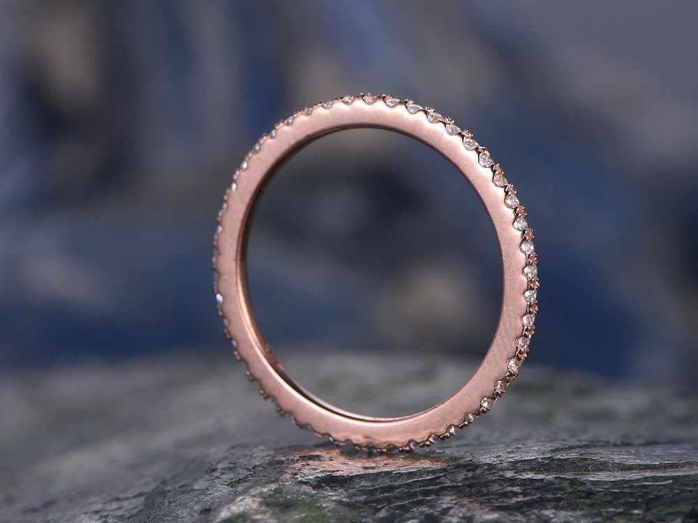 Diamond wedding ring-Solid 14k Rose gold-handmade diamond stacking ring-Full eternity band- 1mm thin Matching band-tiny round cut stones