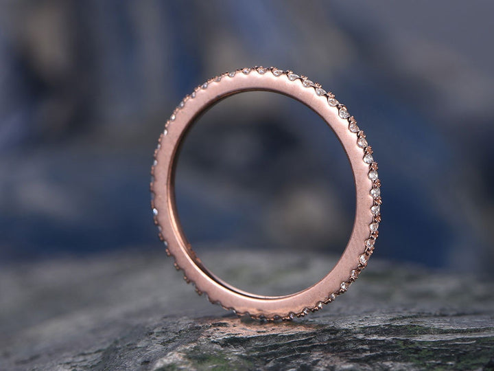 Diamond wedding ring-Solid 14k Rose gold-handmade diamond stacking ring-Full eternity band- 1mm thin Matching band-tiny round cut stones