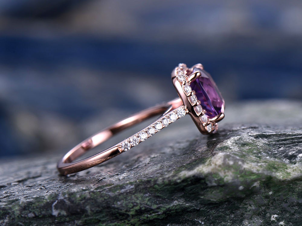 Purple Amethyst engagement ring-Solid 14k rose gold-handmade diamond ring-Halo stacking band-8x8mm Cushion cut gemstone promise ring