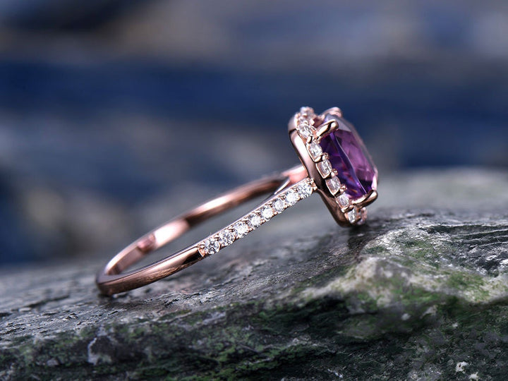 Purple Amethyst engagement ring-Solid 14k rose gold-handmade diamond ring-Halo stacking band-8x8mm Cushion cut gemstone promise ring