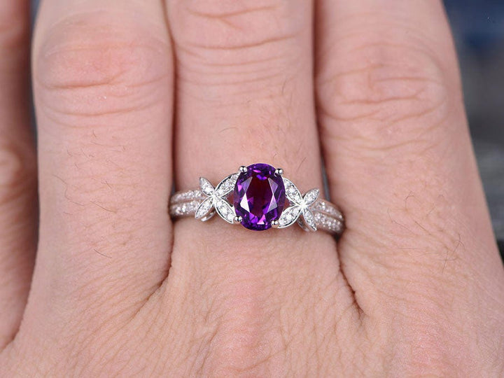 Purple Amethyst engagement ring-Solid 14k White gold-handmade diamond ring-Butterfly flower-6x8mm Oval cut gemstone promise ring