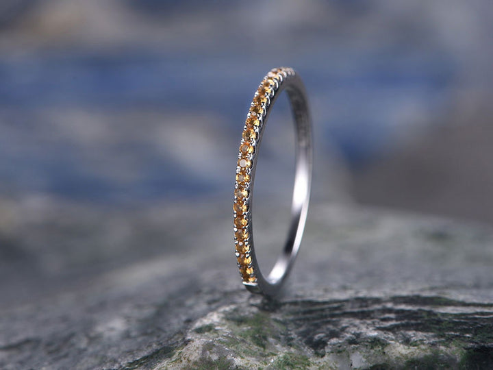 Natural Citrine wedding ring-solid 14k white gold-handmade unique ring-half eternity-Petite 1.2mm Matching band-tiny stones promise ring