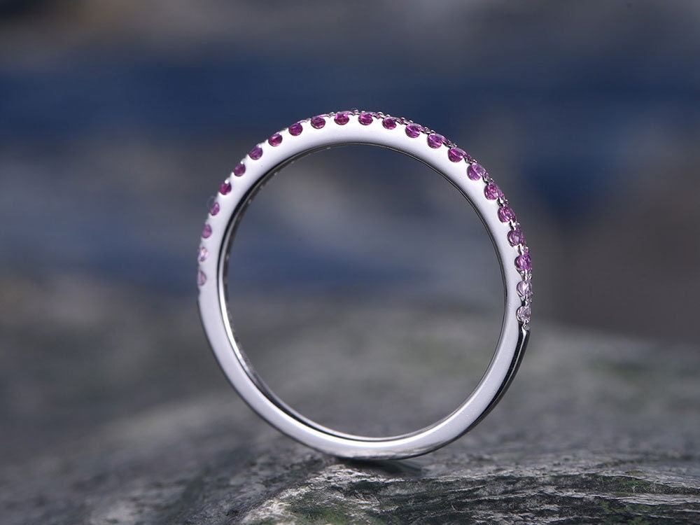 Pink Sapphire wedding ring-solid 14k white gold-handmade petite ring-half eternity- 1.2mm Matching band-tiny stones promise ring-best gift