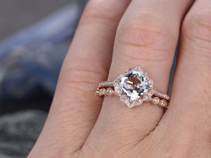 2pcs cushion aquamarine engagement ring set aquamarine rings for women vintage rose gold diamond ring March birthstone ring bridal set gift
