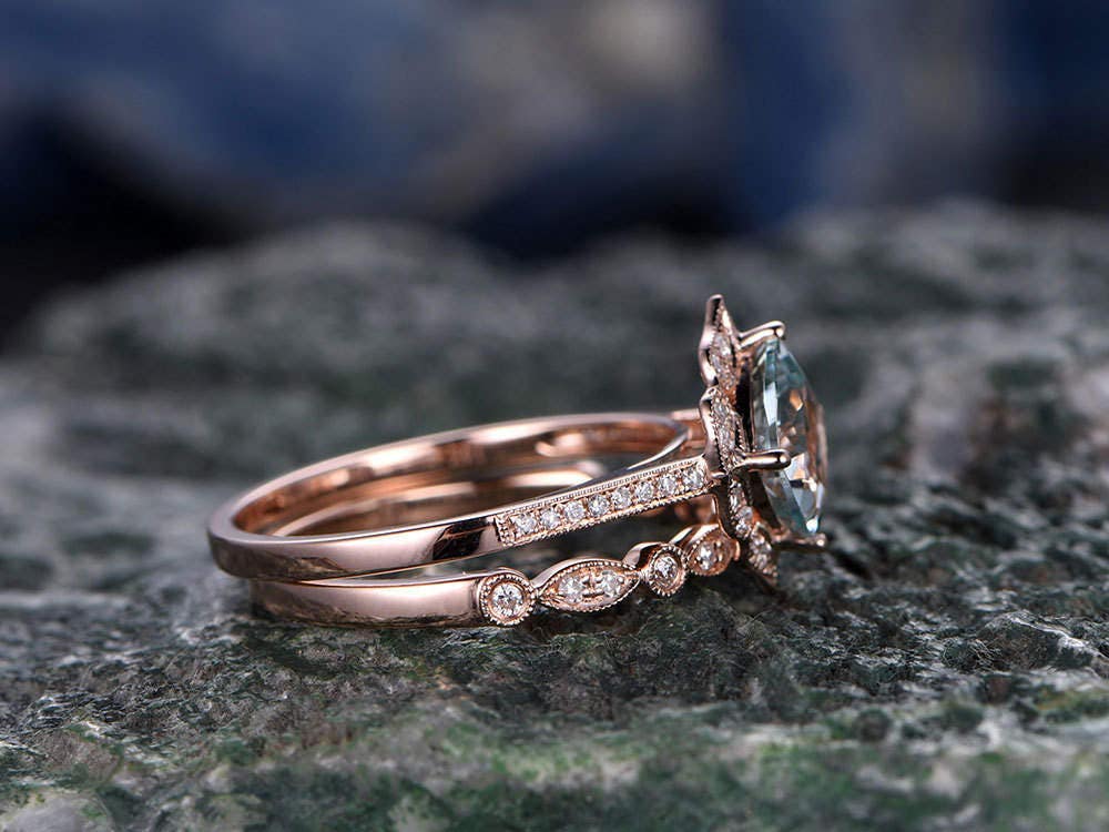 Cushion cut aquamarine engagement ring set aquamarine ring for women vintage rose gold diamond ring March birthstone ring bridal set gifts