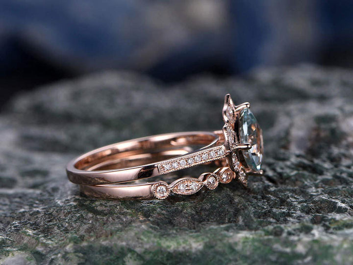 Cushion cut aquamarine engagement ring set aquamarine ring for women vintage rose gold diamond ring March birthstone ring bridal set gifts