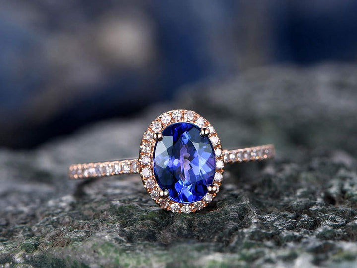 Blue Tanzanite engagement ring-Solid 14k rose gold-handmade diamond ring-Halo stacking band-6x8mm Oval cut gemstone promise ring