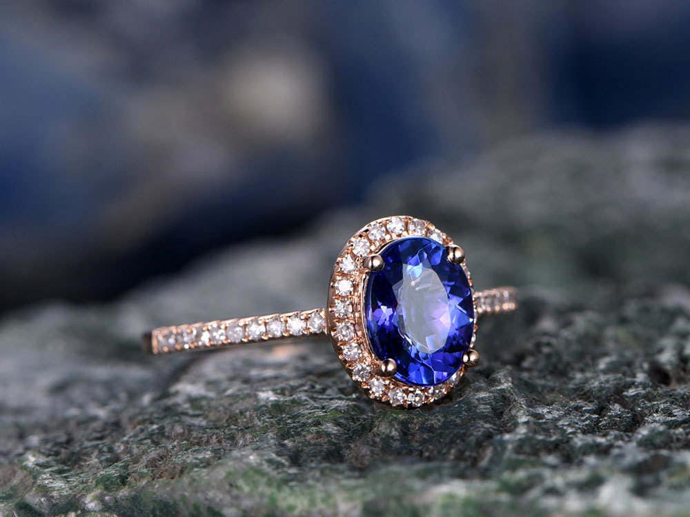 Blue Tanzanite engagement ring-Solid 14k rose gold-handmade diamond ring-Halo stacking band-6x8mm Oval cut gemstone promise ring