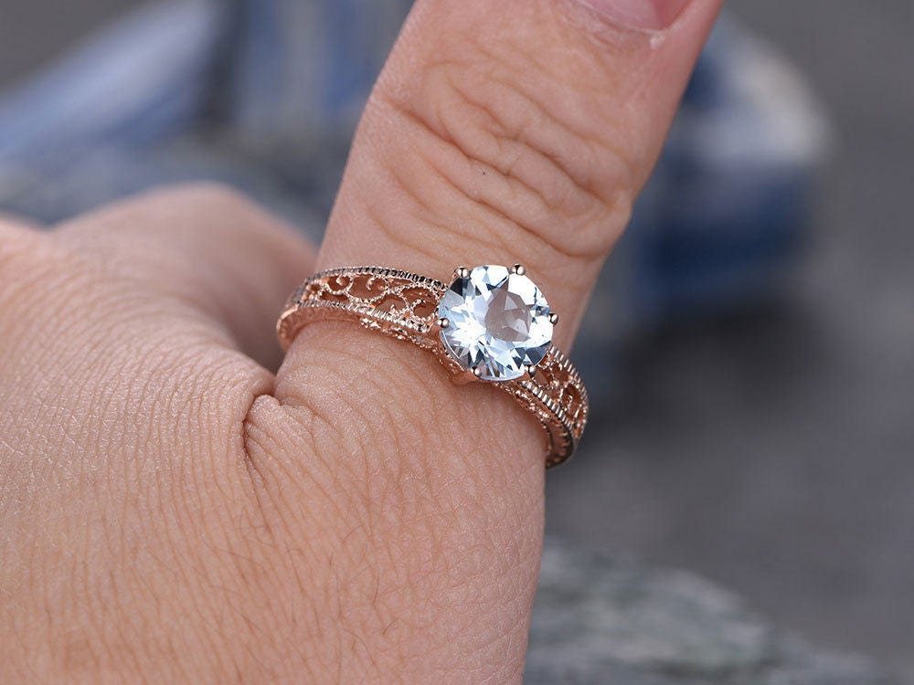 Blue Aquamarine engagement ring-Solid 14k Rose gold-handmade solitaire ring-Filigree ring-Round shape gemstone promise ring