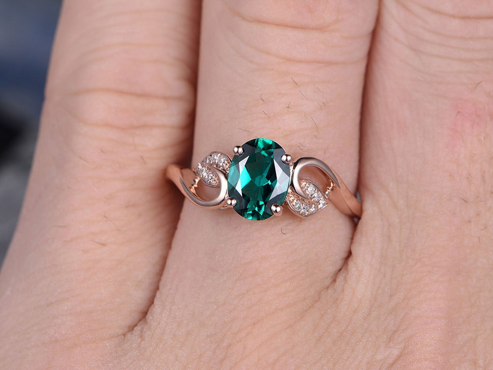 Oval green emerald engagement ring 14k rose gold handmade May birthstone diamond ring unique floral design gift wedding bridal antique ring