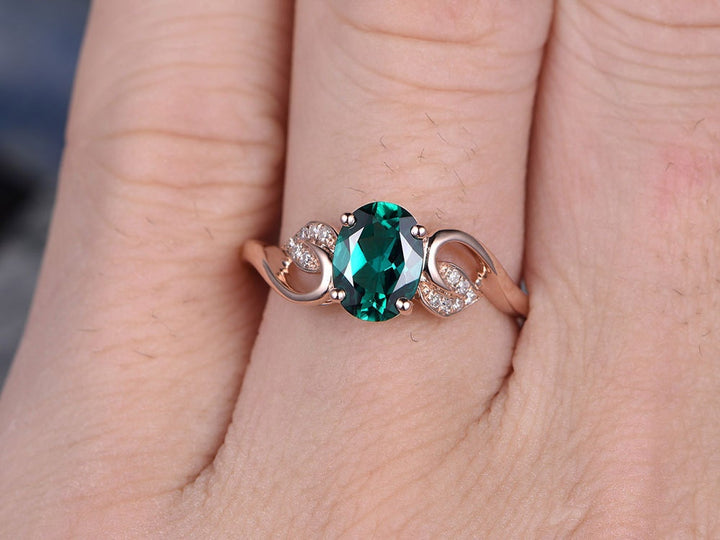 Oval green emerald engagement ring 14k rose gold handmade May birthstone diamond ring unique floral design gift wedding bridal antique ring