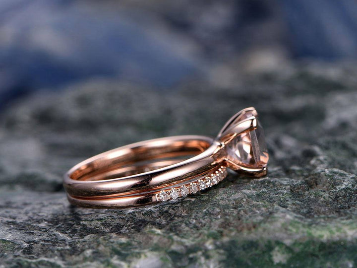 Morganite engagement ring set solid 14k rose gold ring real diamond ring cushion unique antique wedding anniversary bridal promise ring set