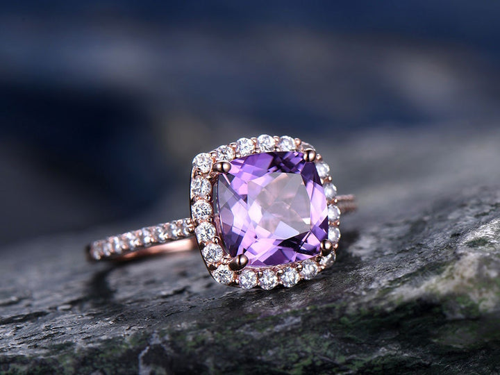 Purple Amethyst engagement ring-Solid 14k rose gold-handmade diamond ring-Halo stacking band-8x8mm Cushion cut gemstone promise ring