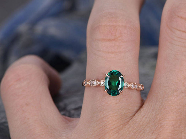 Green emerald engagement ring solid 14k rose gold 6x8mm oval cut emerald ring gold vintage art deco diamond ring bridal wedding promise ring