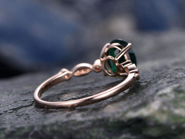 Green emerald engagement ring solid 14k rose gold 6x8mm oval cut emerald ring gold vintage art deco diamond ring bridal wedding promise ring