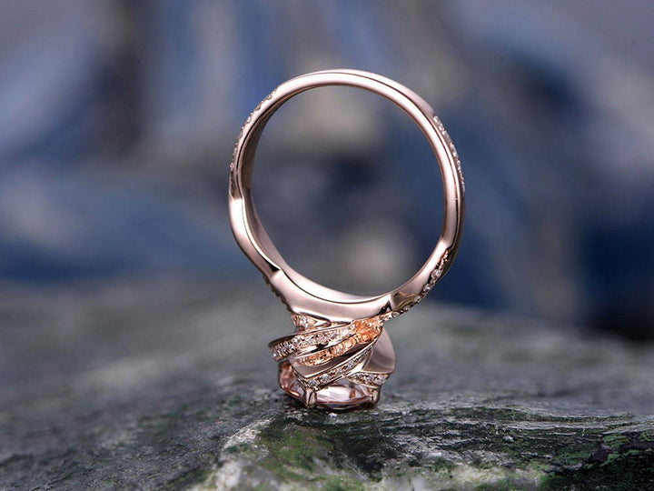 Morganite engagement ring solid 14k rose gold ring unique under halo diamond ring art deco twisted antique flower weddig bridal promise ring
