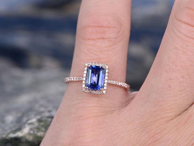 5x7mm Blue Tanzanite wedding ring-solid 14k rose gold ring-handmade diamond engagement ring-Emerald Cut gemstone promise ring,custom ring
